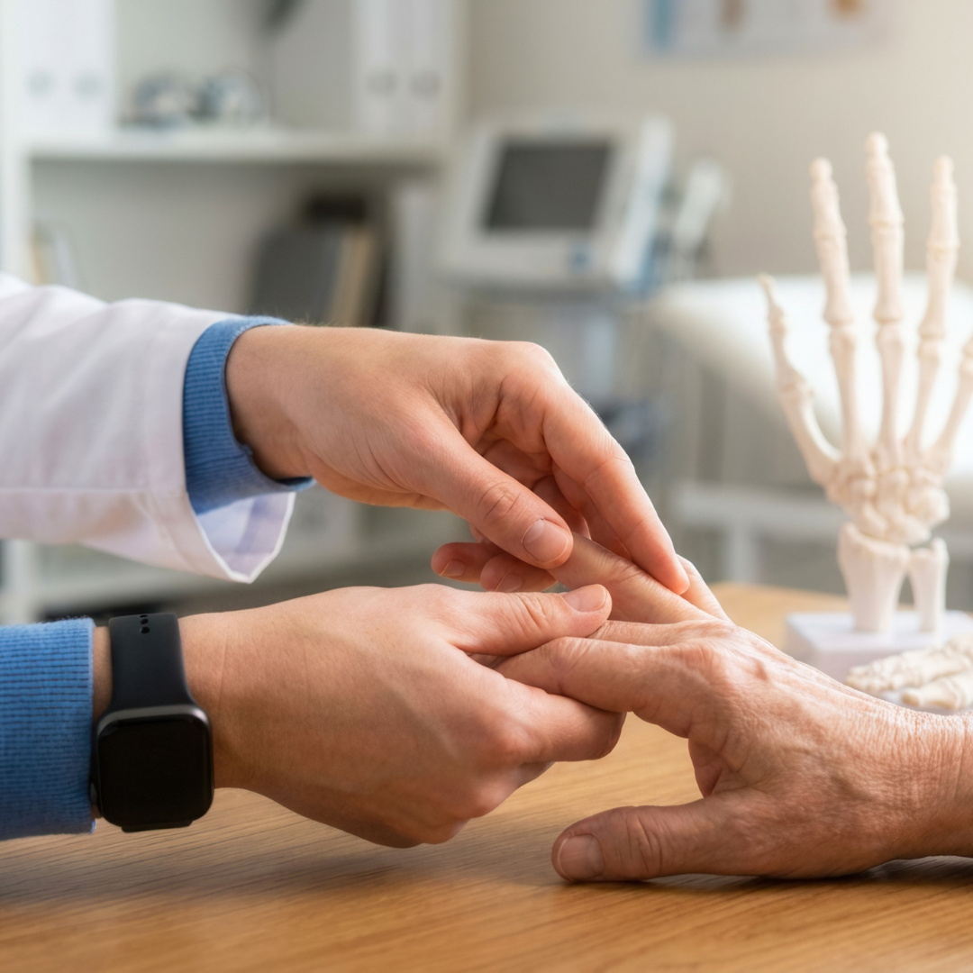 Professionista sanitario che esamina la mano di una persona anziana, con un modello anatomico dello scheletro della mano sullo sfondo, a rappresentare la prevenzione dell'osteoporosi e la salute delle ossa